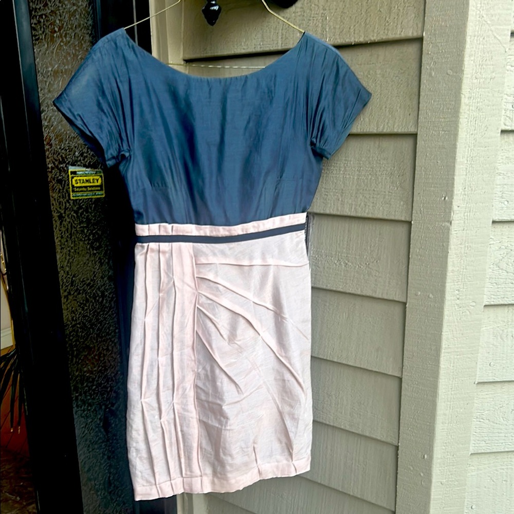 Pleated Blue and Pink Sheath Dress with Short Raglan Sleeves